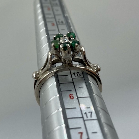 Vintage/Antique High Prong Diamond and Green Flower Solid 10k White Gold Ring - Picture 2 of 16